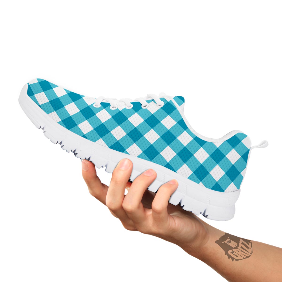Gingham White And Teal Print Pattern White Sneaker-grizzshop