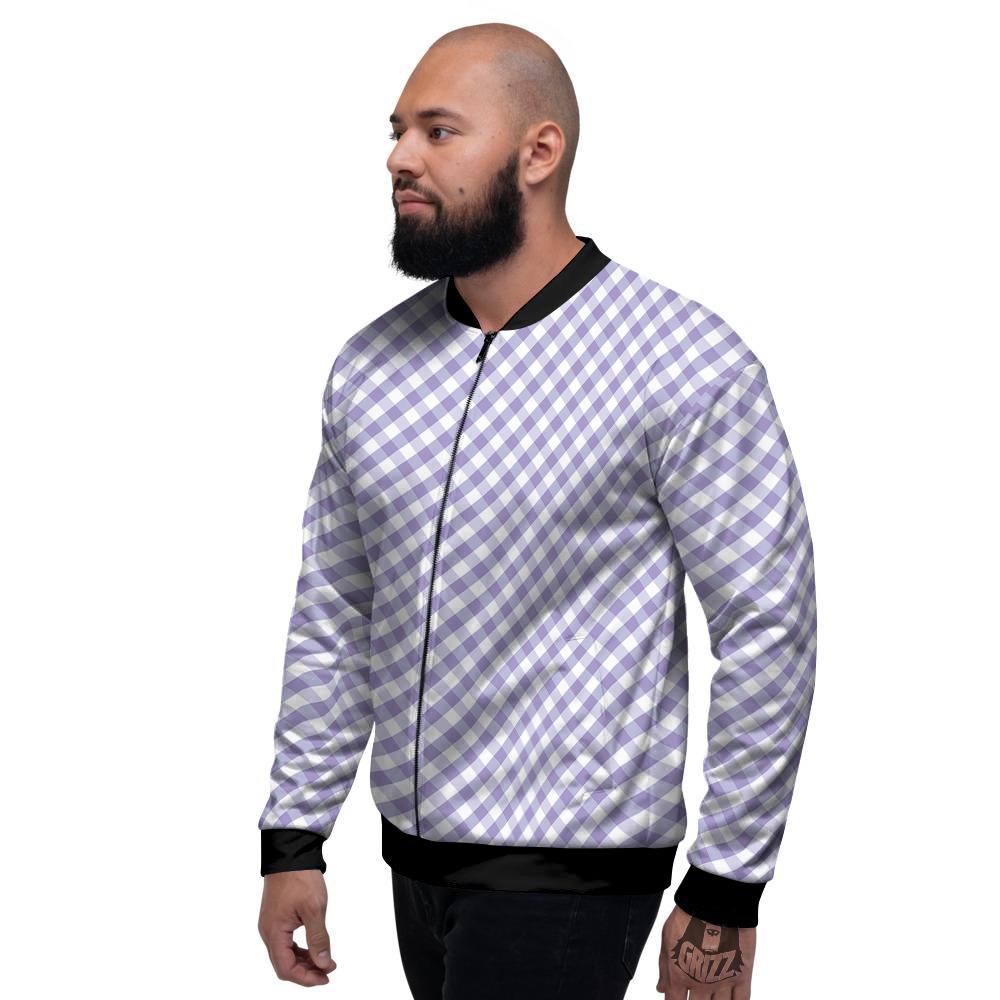 Gingham White And Violet Print Pattern Men's Bomber Jacket-grizzshop