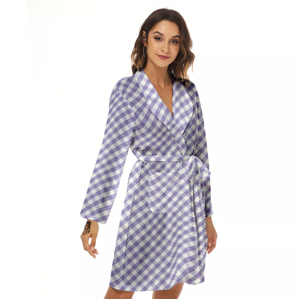 Gingham White And Violet Print Pattern Women's Robe-grizzshop
