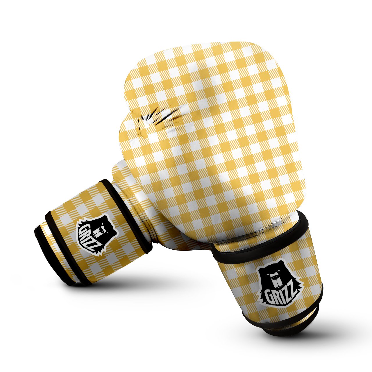 Gingham Yellow And White Print Pattern Boxing Gloves-grizzshop