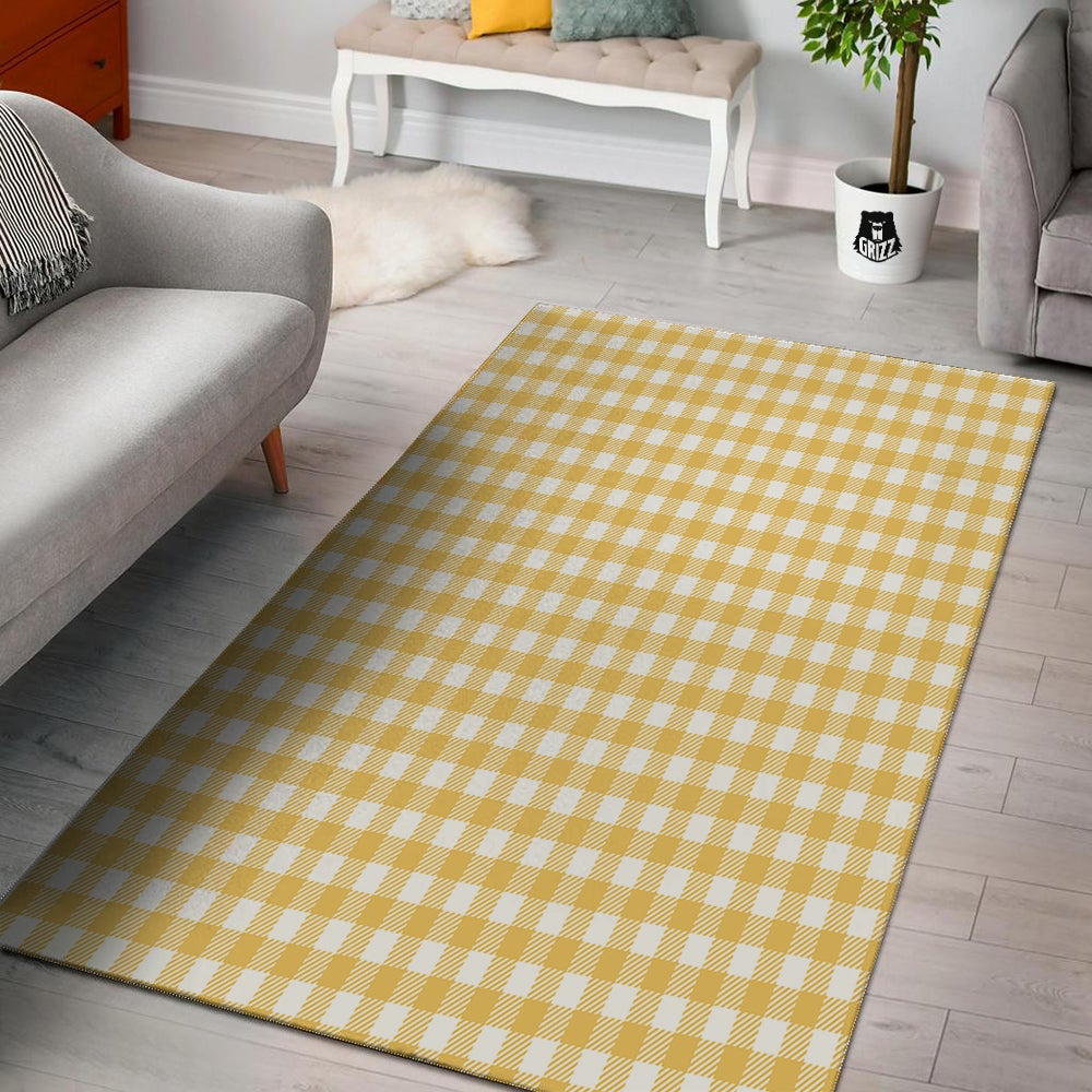 Gingham Yellow And White Print Pattern Floor Mat-grizzshop