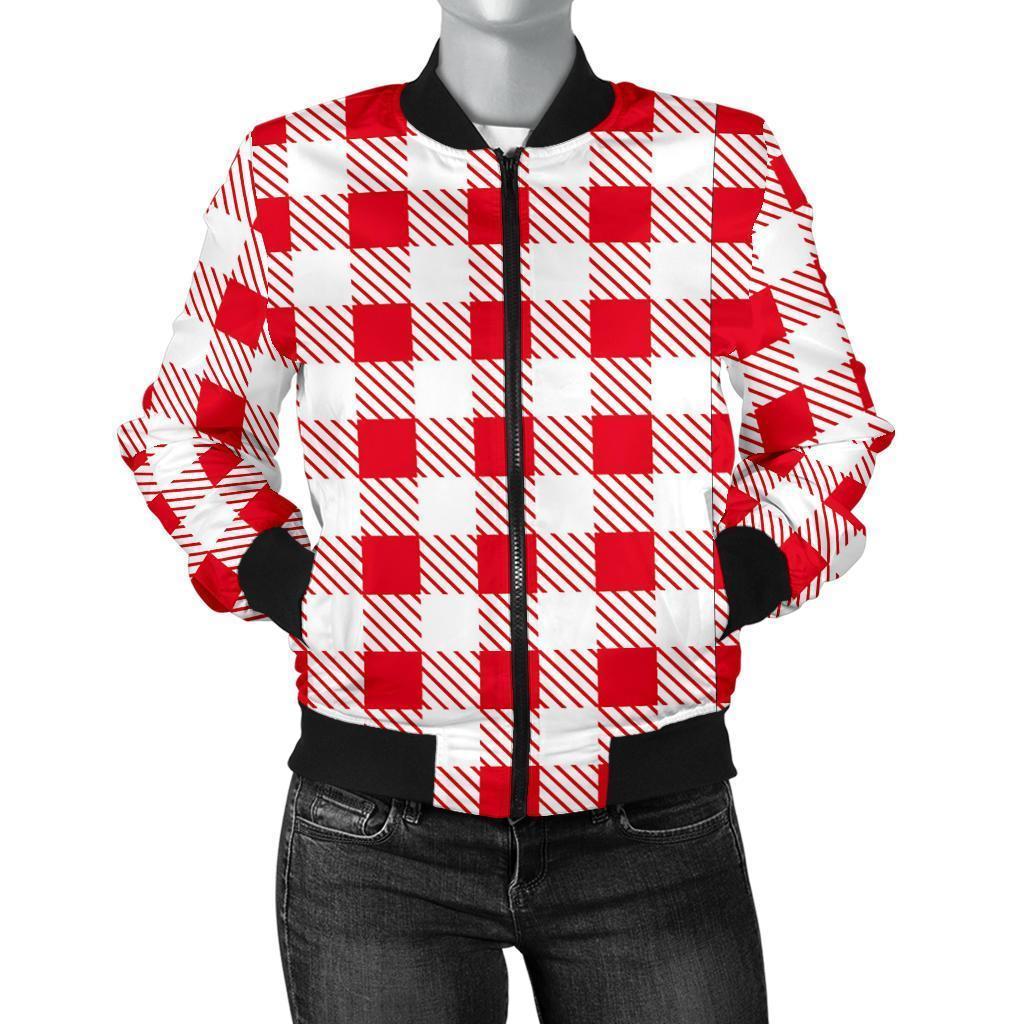 Gingham Red Pattern Print Women Casual Bomber Jacket-grizzshop