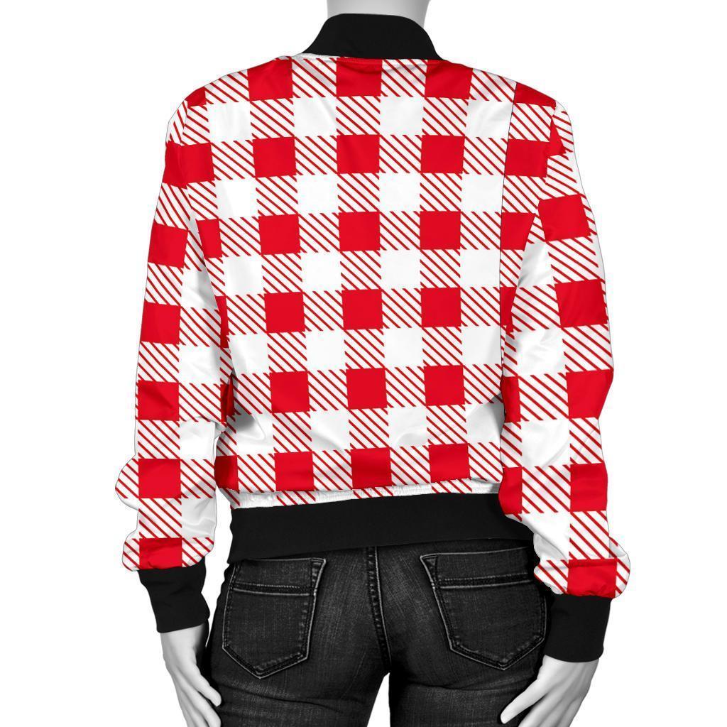 Gingham Red Pattern Print Women Casual Bomber Jacket-grizzshop