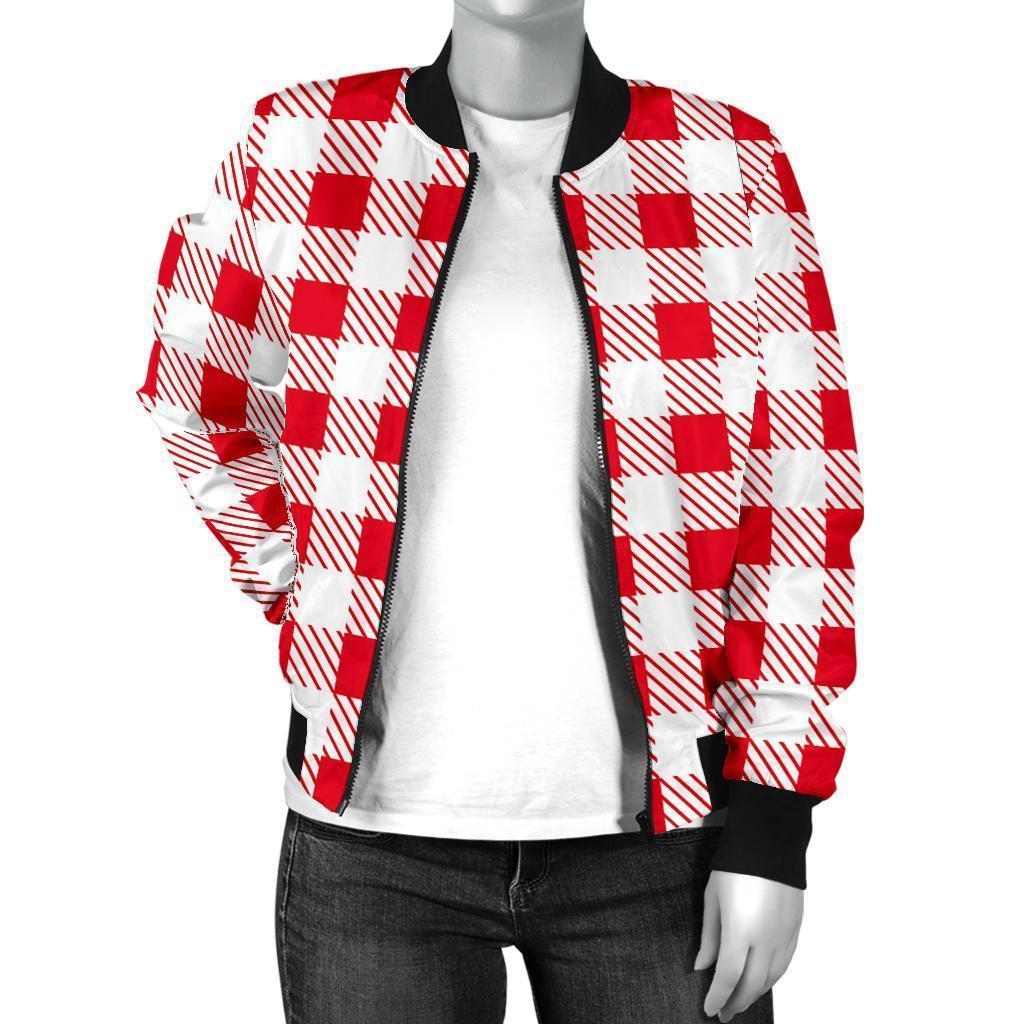 Gingham Red Pattern Print Women Casual Bomber Jacket-grizzshop