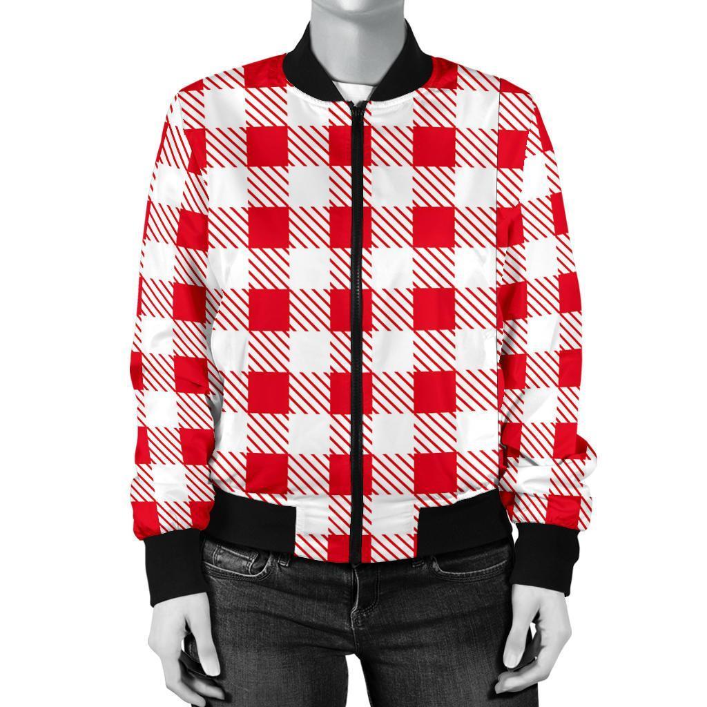 Gingham Red Pattern Print Women Casual Bomber Jacket-grizzshop