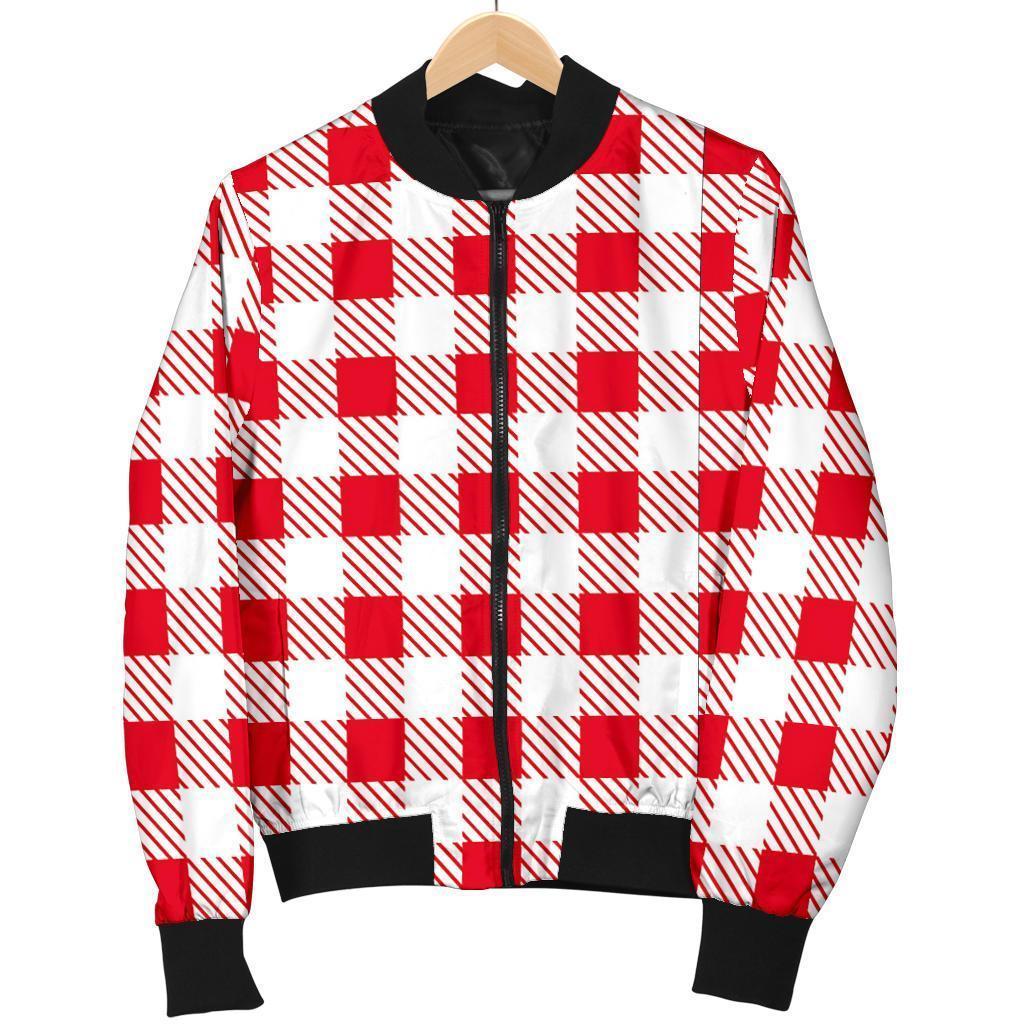 Gingham Red Pattern Print Women Casual Bomber Jacket-grizzshop