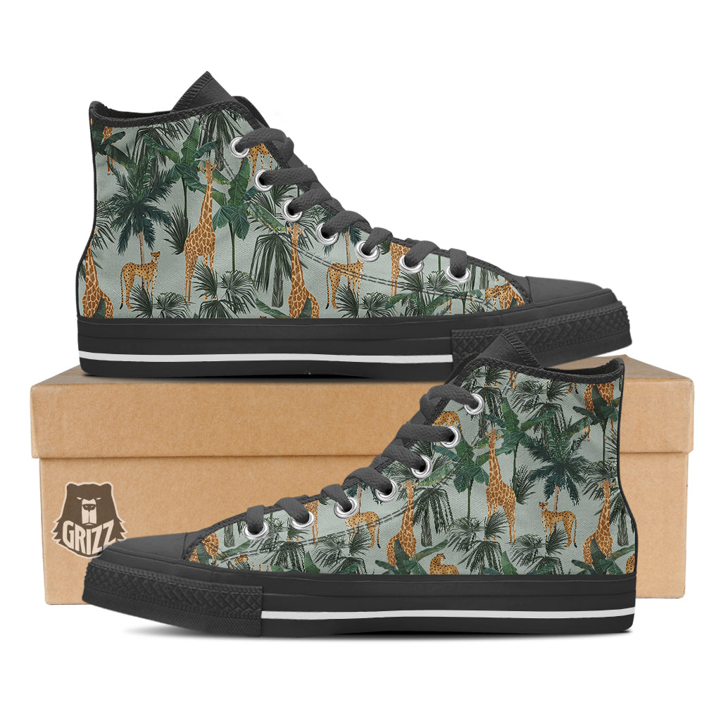 Giraffe And Leopard Vintage Print Pattern Black High Top Shoes-grizzshop