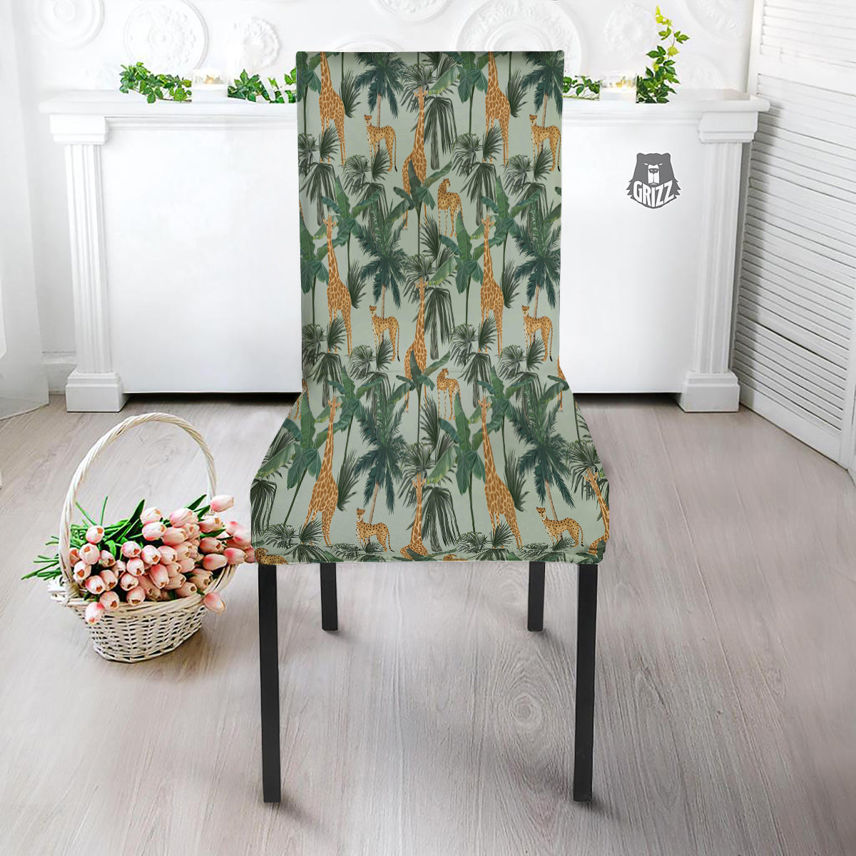 Giraffe And Leopard Vintage Print Pattern Dining Chair Slipcover-grizzshop