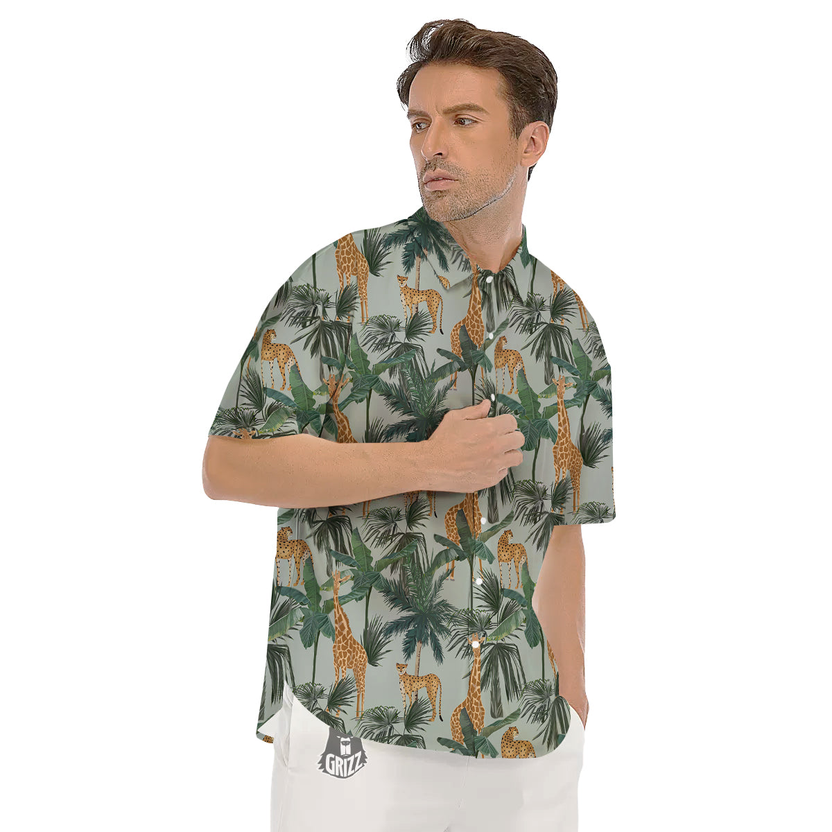 Giraffe And Leopard Vintage Print Pattern Men's Short Sleeve Shirts-grizzshop