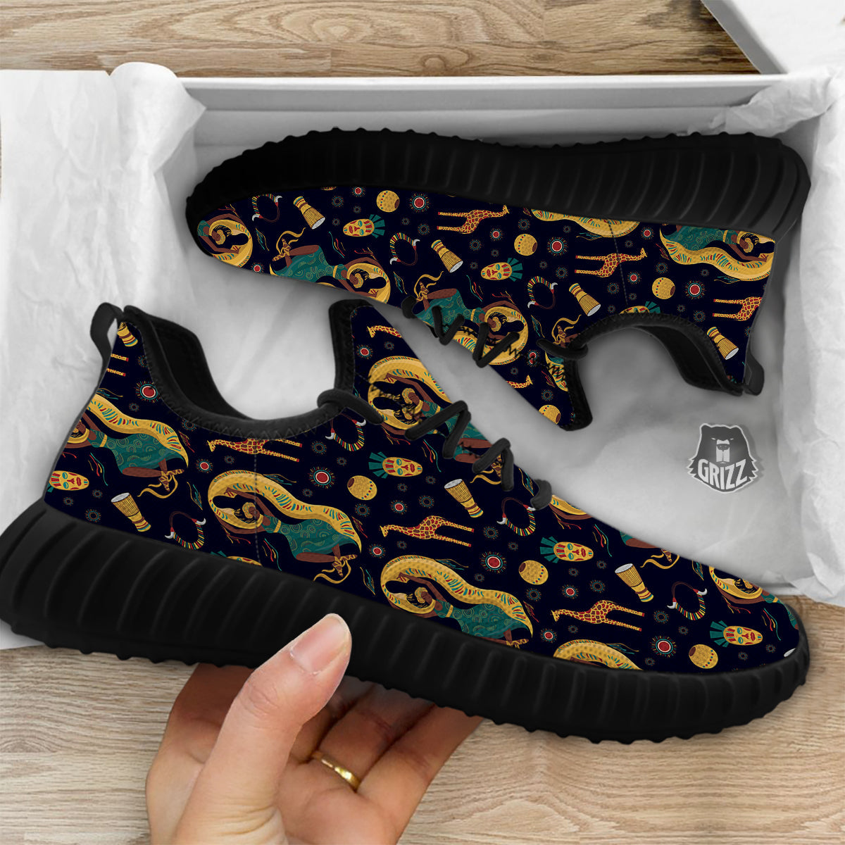 Giraffe Aztec Print Pattern Black Walking Shoes-grizzshop