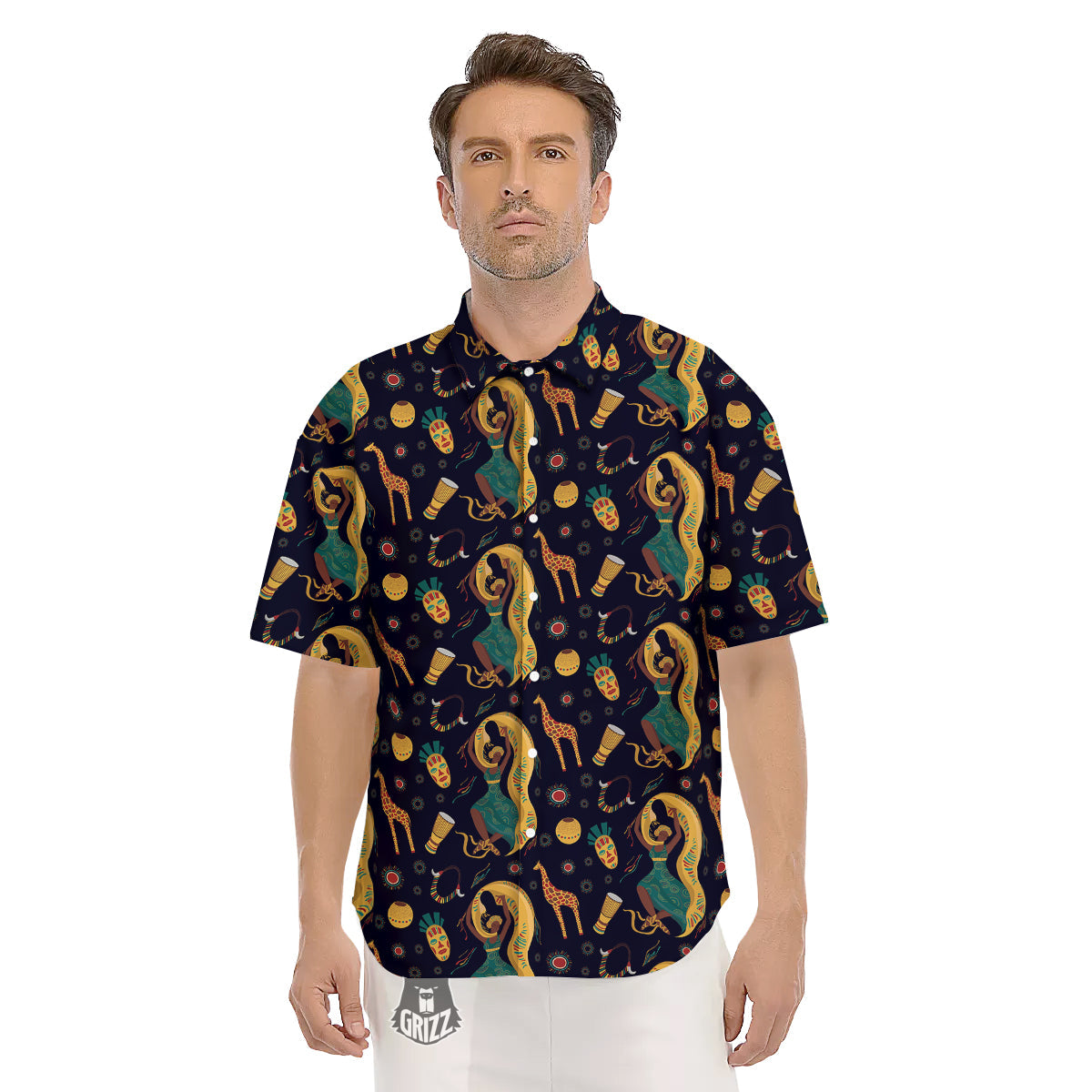 Giraffe Aztec Print Pattern Men's Short Sleeve Shirts-grizzshop