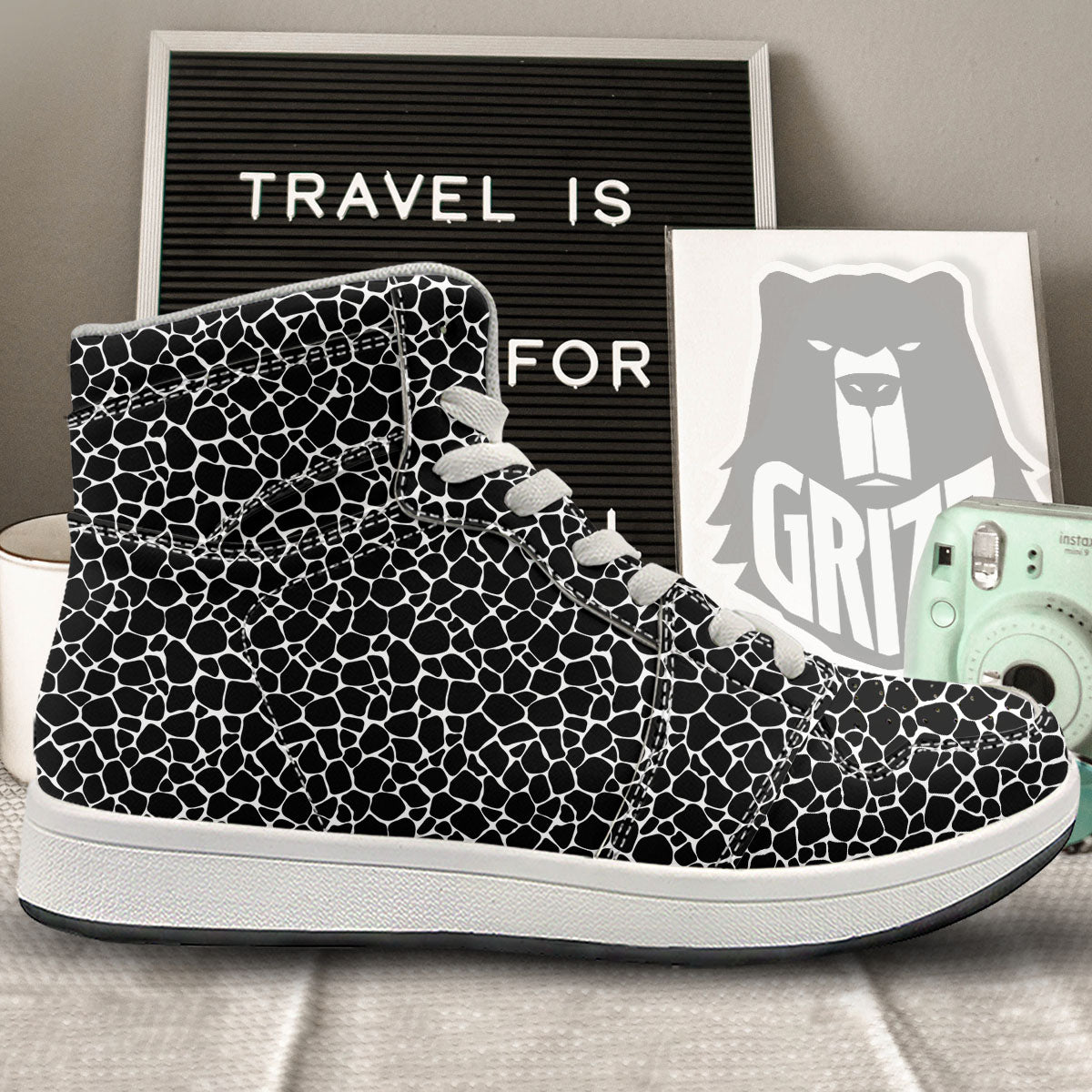Giraffe Black Tropical Print Pattern High Top Sneakers-grizzshop