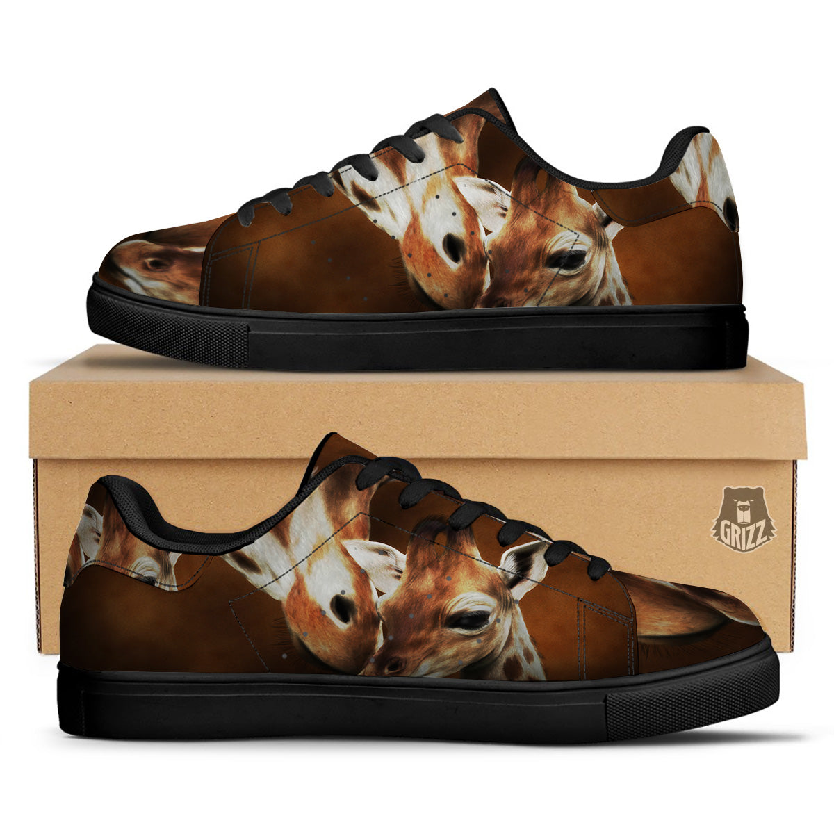 Giraffe Brown Print Black Low Top Sneakers-grizzshop