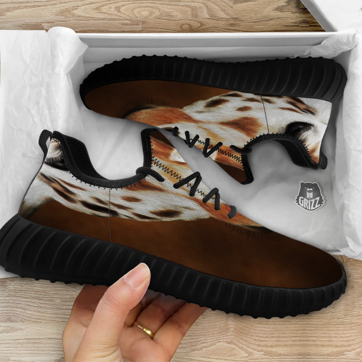 Giraffe Brown Print Black Walking Shoes-grizzshop