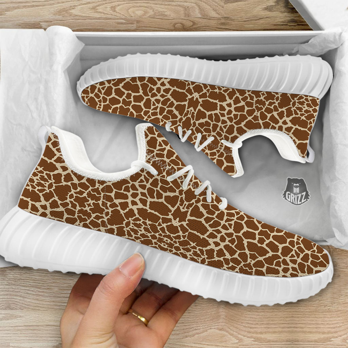 Giraffe Brown Print Pattern White Walking Shoes-grizzshop