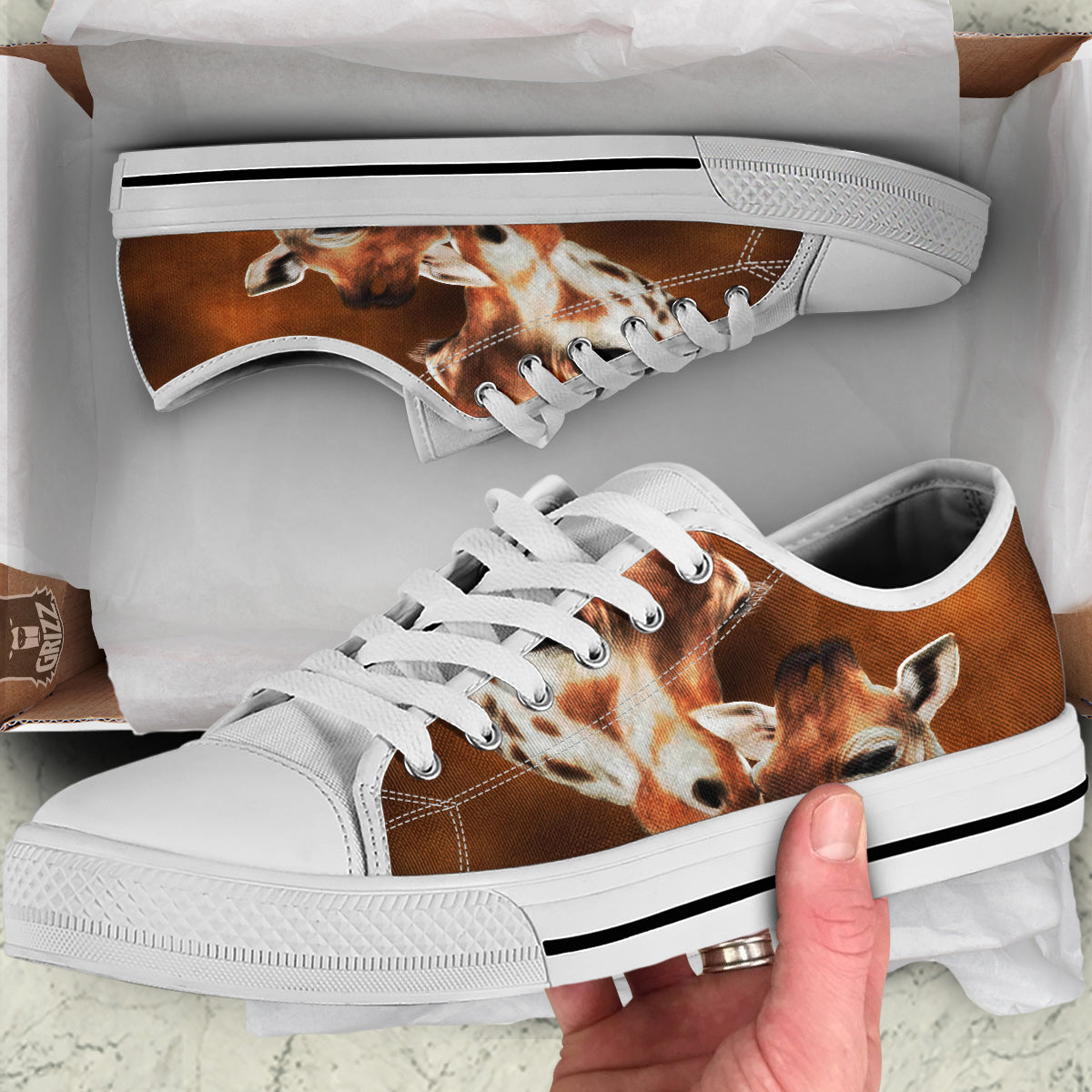 Giraffe Brown Print White Low Top Shoes-grizzshop