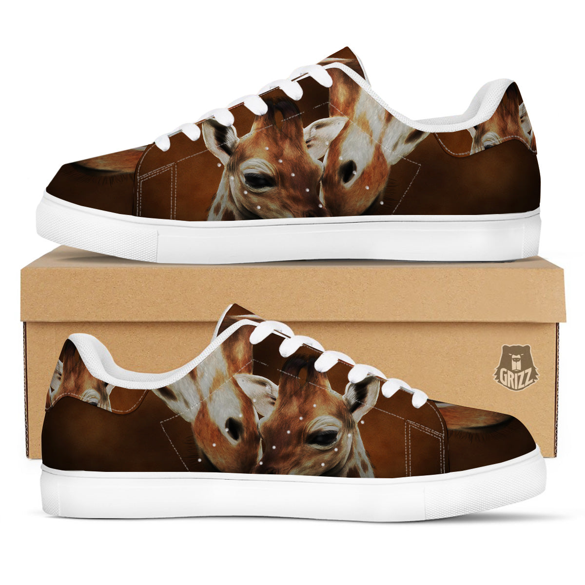 Giraffe Brown Print White Low Top Sneakers-grizzshop