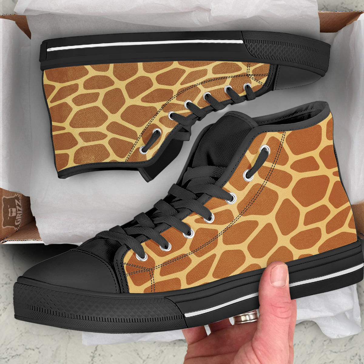 Giraffe Brown Yellow Print Pattern Black High Top Shoes-grizzshop