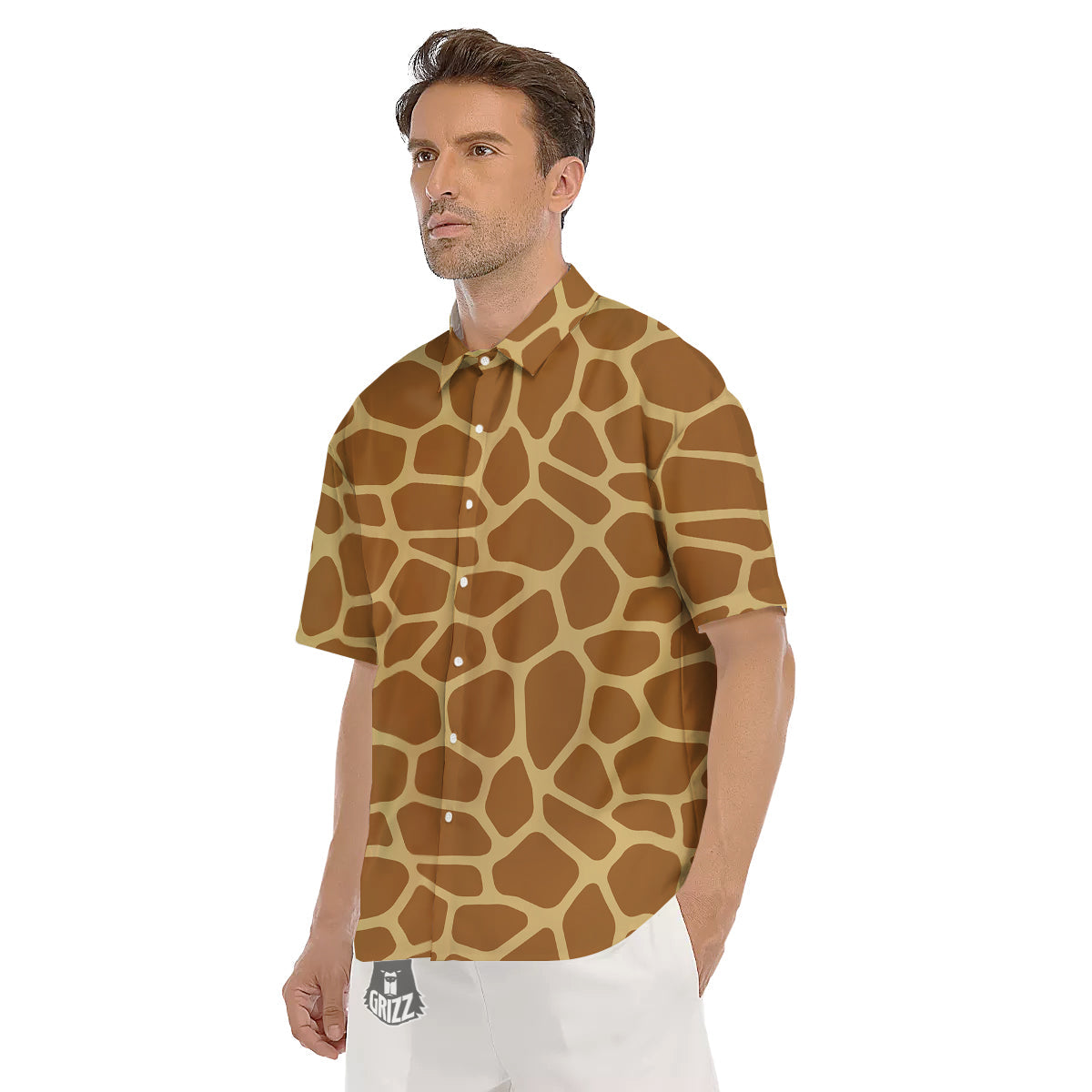 Giraffe Brown Yellow Print Pattern Men's Short Sleeve Shirts-grizzshop