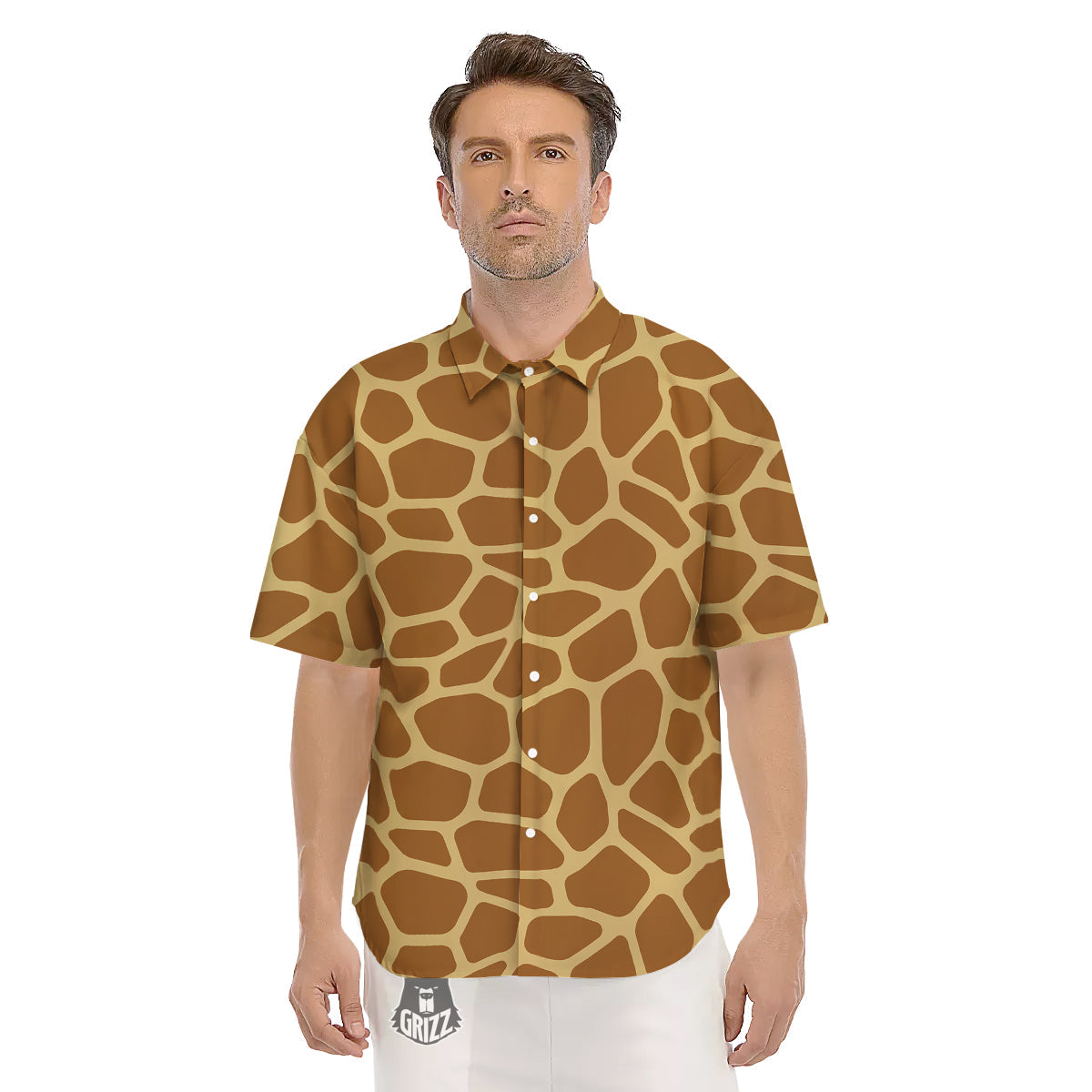 Giraffe Brown Yellow Print Pattern Men's Short Sleeve Shirts-grizzshop
