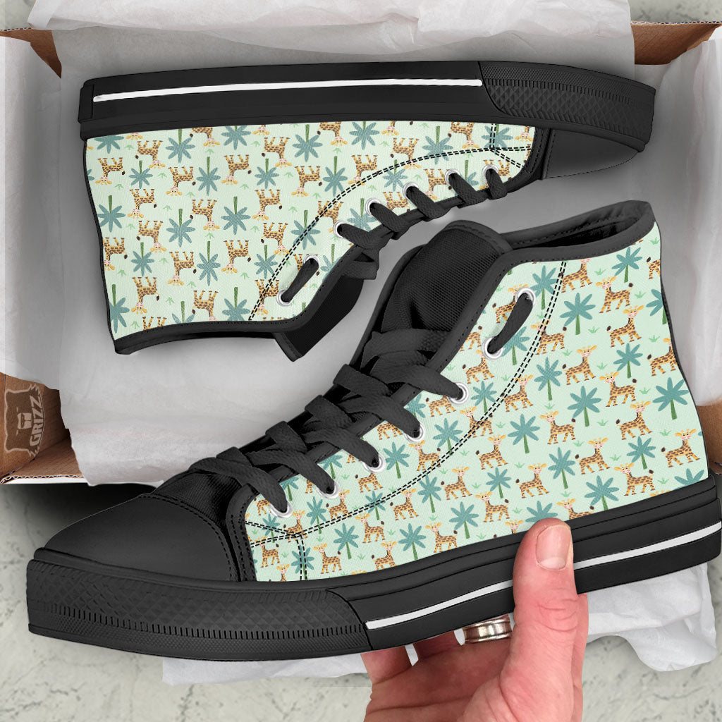 Giraffe Cartoon Print Pattern Black High Top Shoes-grizzshop