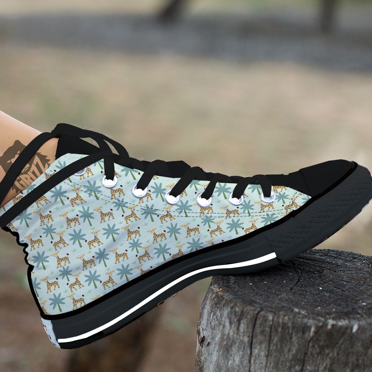 Giraffe Cartoon Print Pattern Black High Top Shoes-grizzshop
