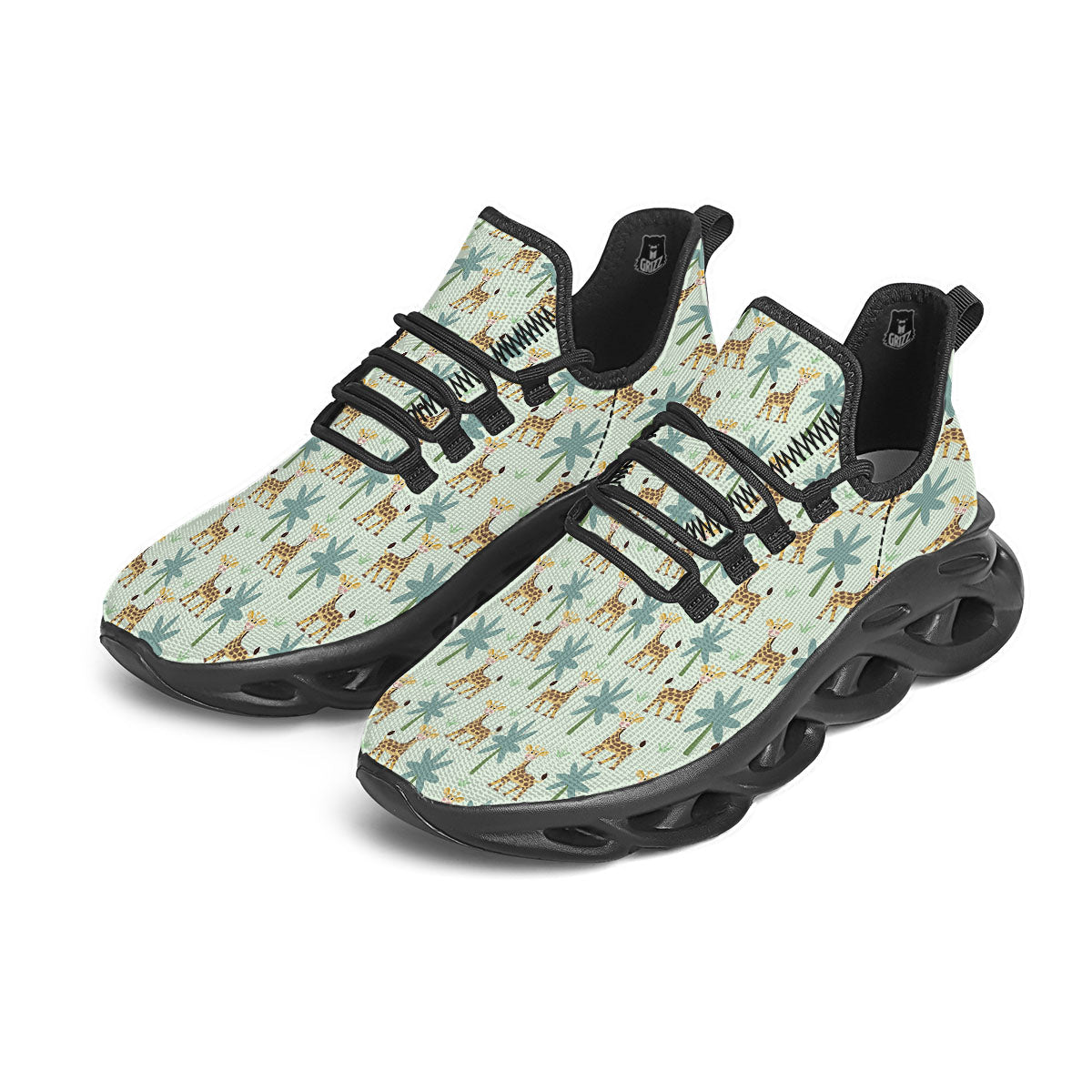 Giraffe Cartoon Print Pattern Black Running Shoes-grizzshop