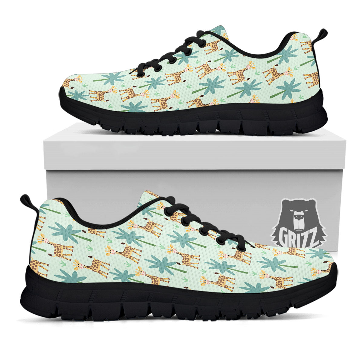 Giraffe Cartoon Print Pattern Black Sneaker-grizzshop