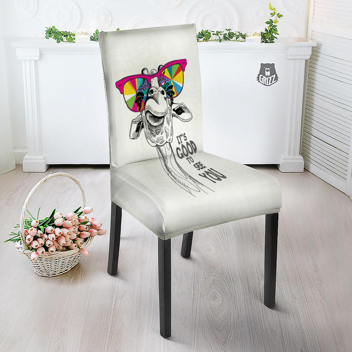 Giraffe Funny Print Dining Chair Slipcover-grizzshop