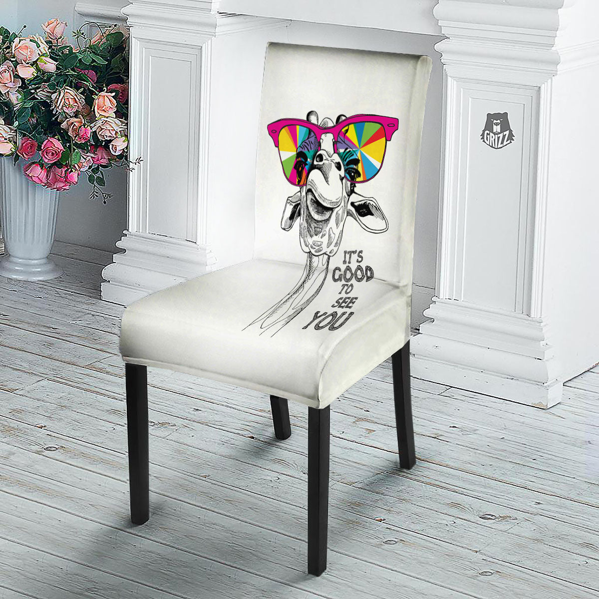 Giraffe Funny Print Dining Chair Slipcover-grizzshop