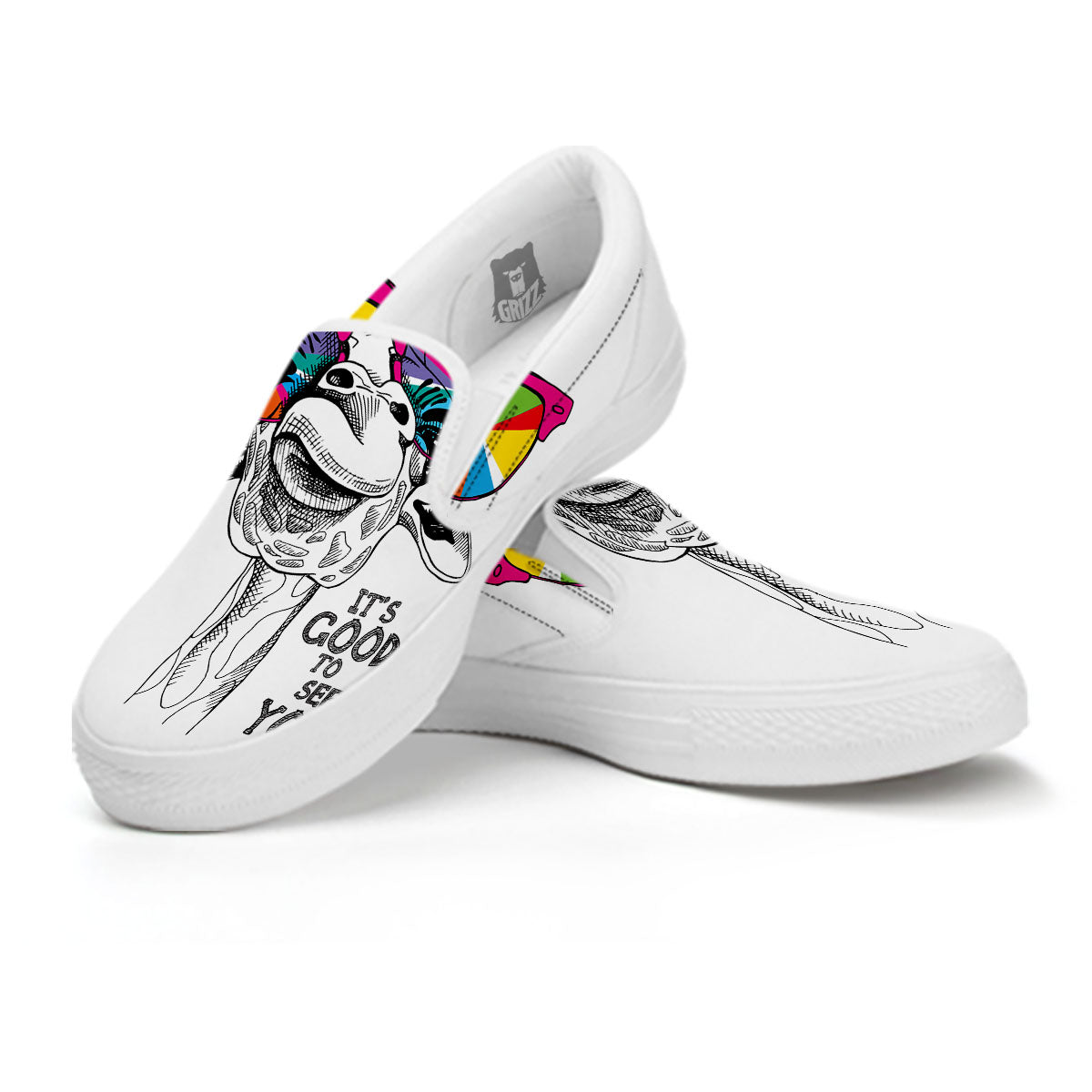 Giraffe Funny Print White Slip On Shoes-grizzshop