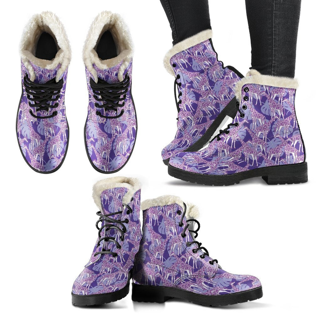 Giraffe Purple Pattern Print Comfy Winter Boots-grizzshop