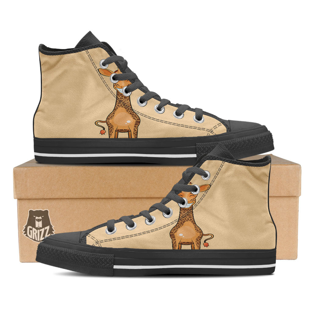 Giraffe Smiley Face Print Black High Top Shoes-grizzshop