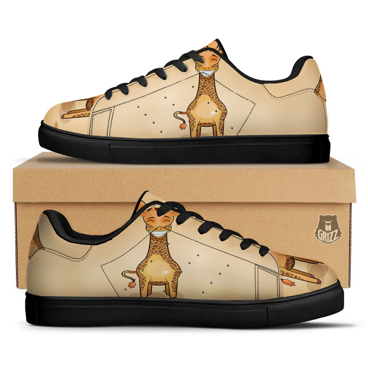 Giraffe Smiley Face Print Black Low Top Sneakers-grizzshop