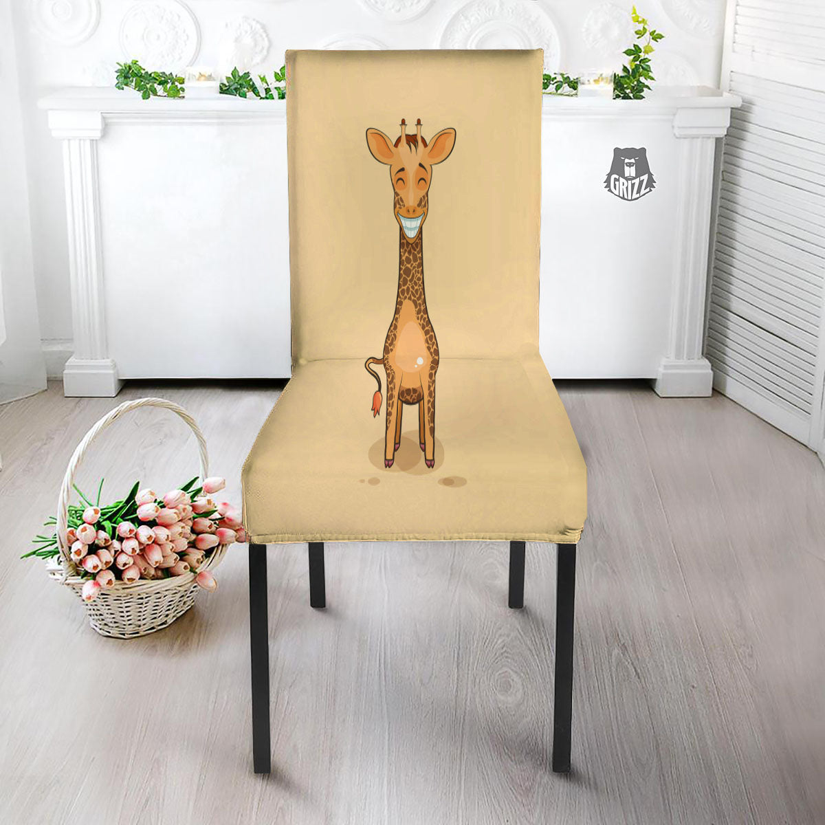 Giraffe Smiley Face Print Dining Chair Slipcover-grizzshop