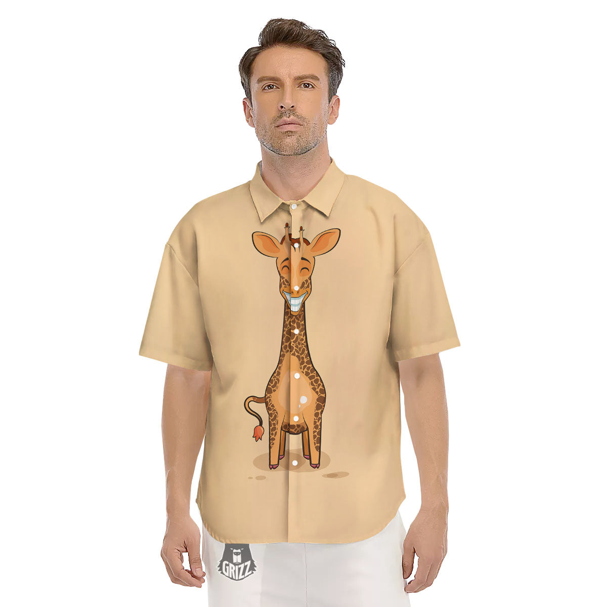 Giraffe Smiley Face Print Men's Short Sleeve Shirts-grizzshop