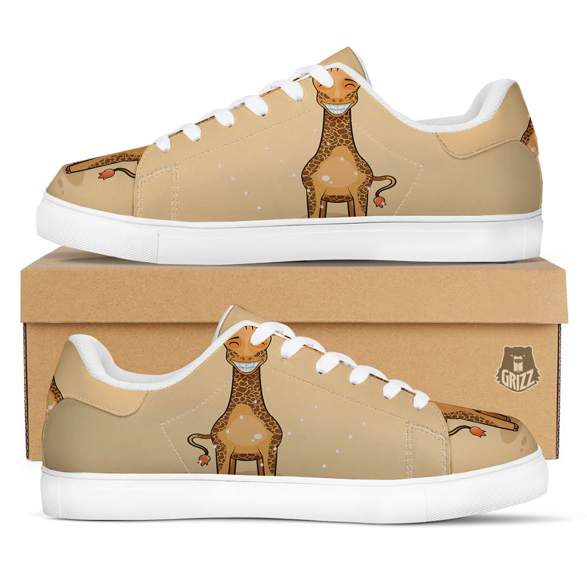 Giraffe Smiley Face Print White Low Top Sneakers-grizzshop