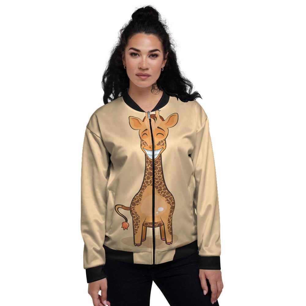 Giraffe Smiley Face Print Women's Bomber Jacket-grizzshop