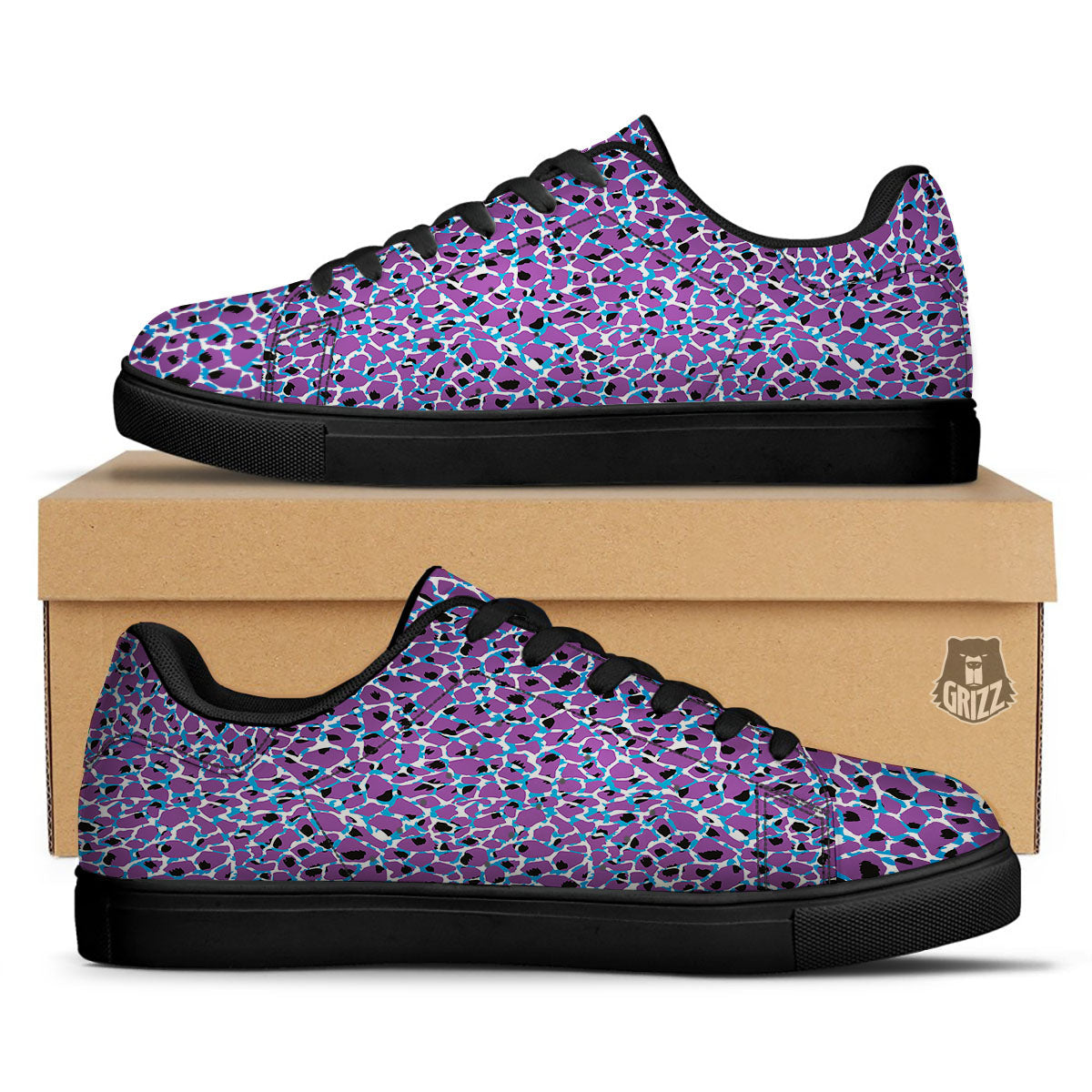 Giraffe Teal And Purple Print Pattern Black Low Top Sneakers-grizzshop