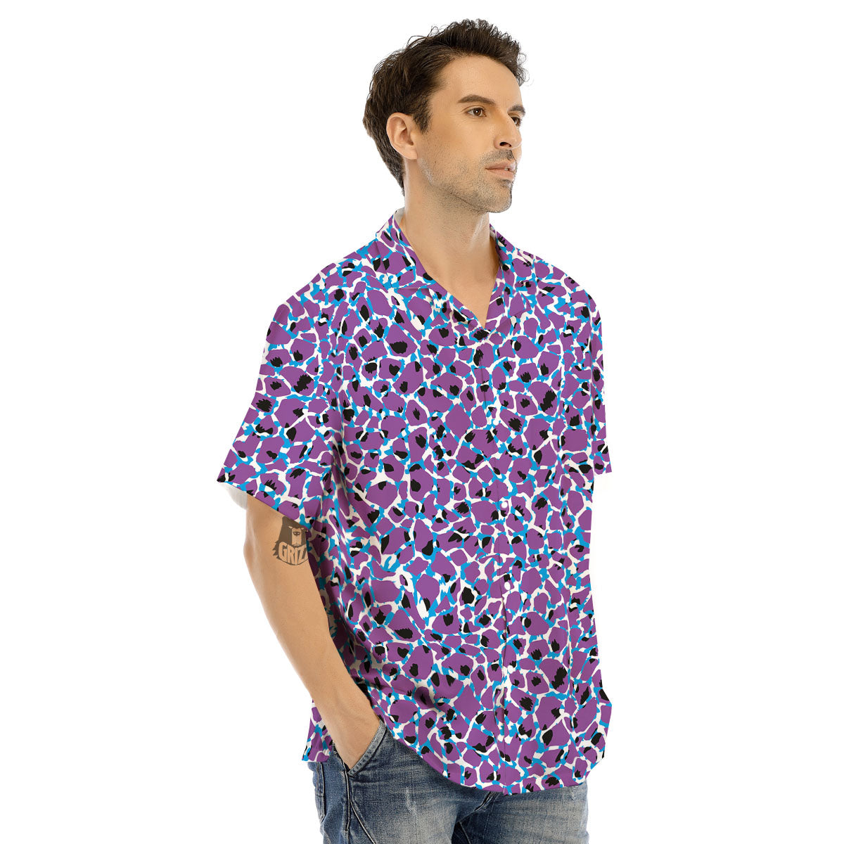 Giraffe Teal And Purple Print Pattern Men's Hawaiian Shirt-grizzshop