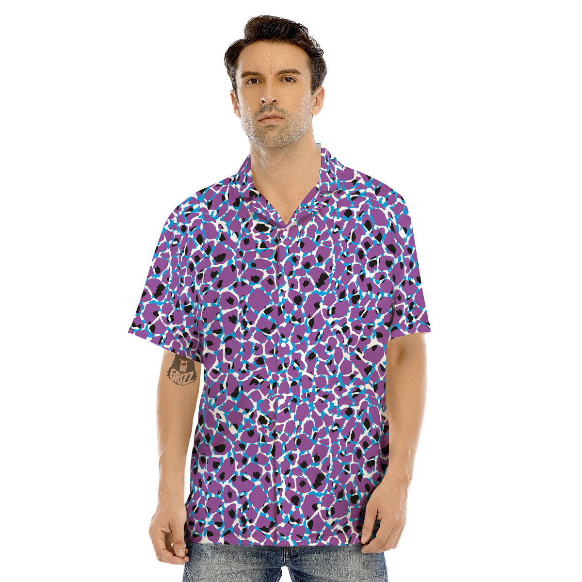 Giraffe Teal And Purple Print Pattern Men's Hawaiian Shirt-grizzshop