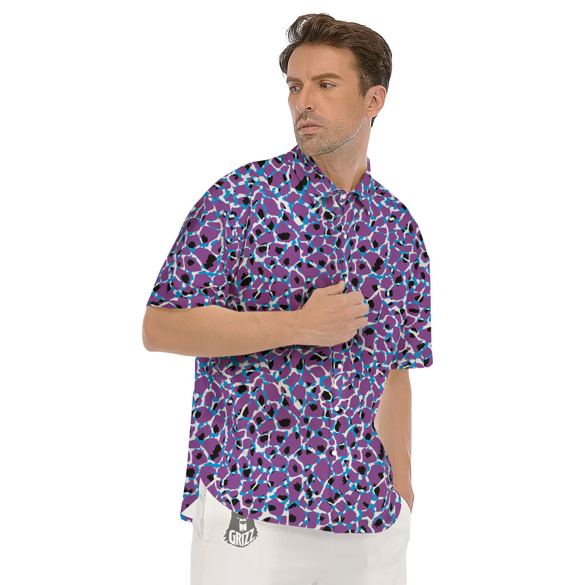 Giraffe Teal And Purple Print Pattern Men's Short Sleeve Shirts-grizzshop
