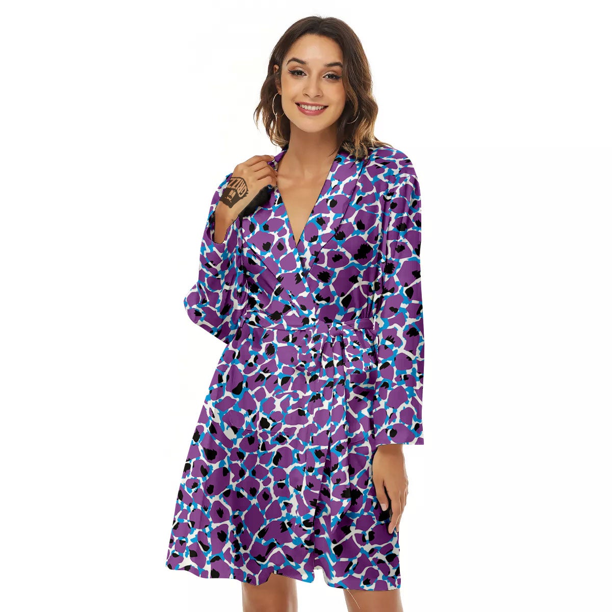 Giraffe Teal And Purple Print Pattern Women's Robe-grizzshop