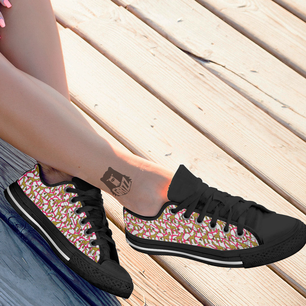 Giraffe Yellow And Pink Print Pattern Black Low Top Shoes-grizzshop