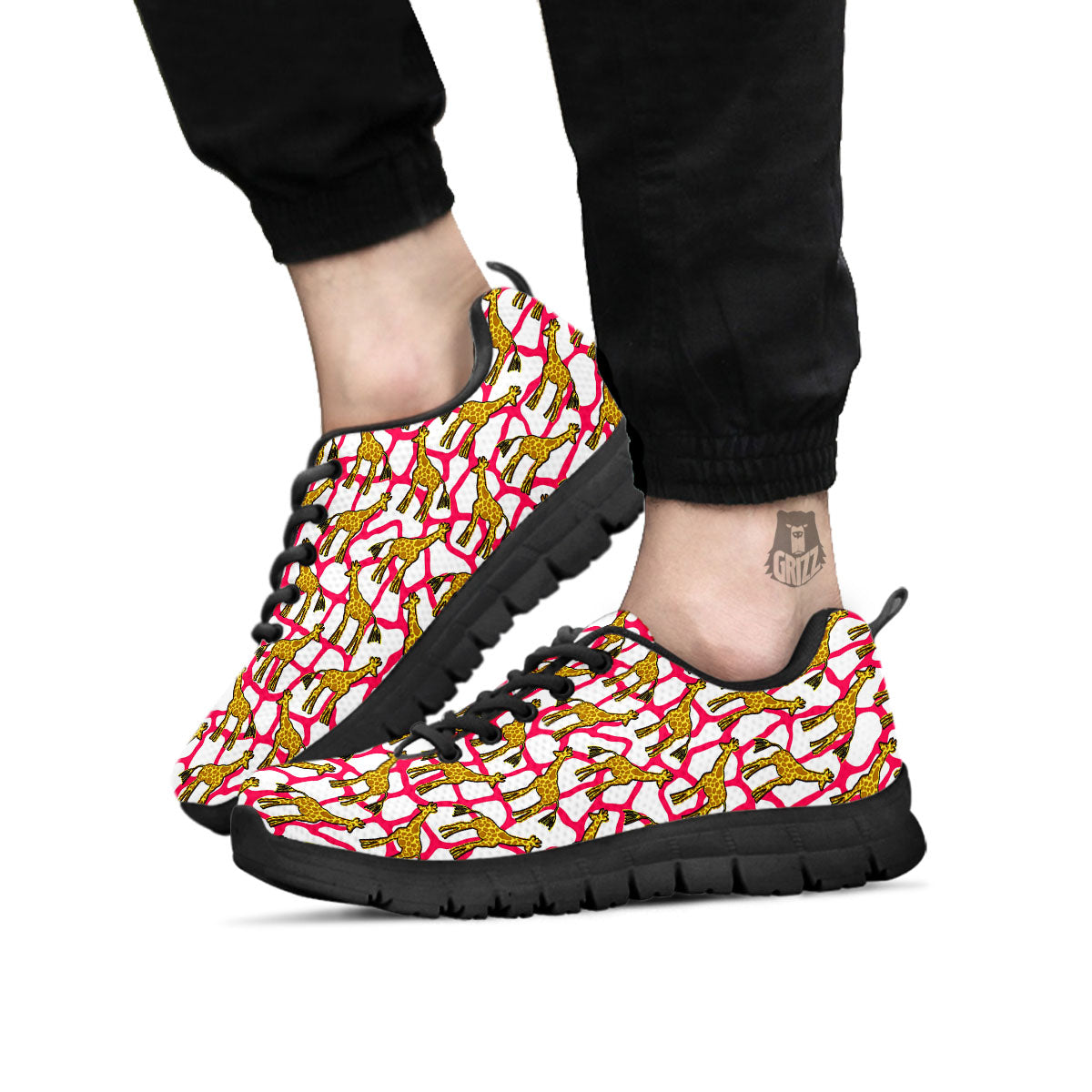 Giraffe Yellow And Pink Print Pattern Black Sneaker-grizzshop