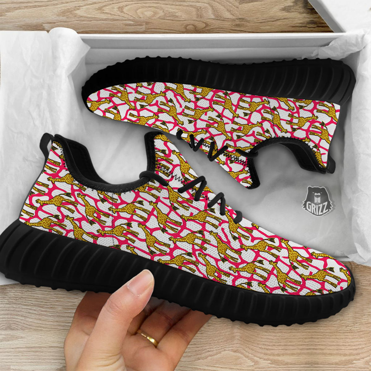 Giraffe Yellow And Pink Print Pattern Black Walking Shoes-grizzshop