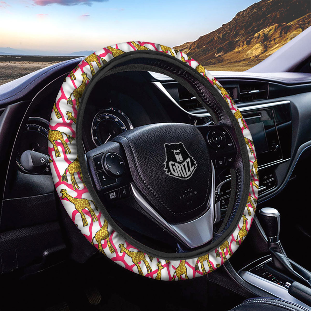 Giraffe Yellow And Pink Print Pattern Car Steering Wheel Cover-grizzshop