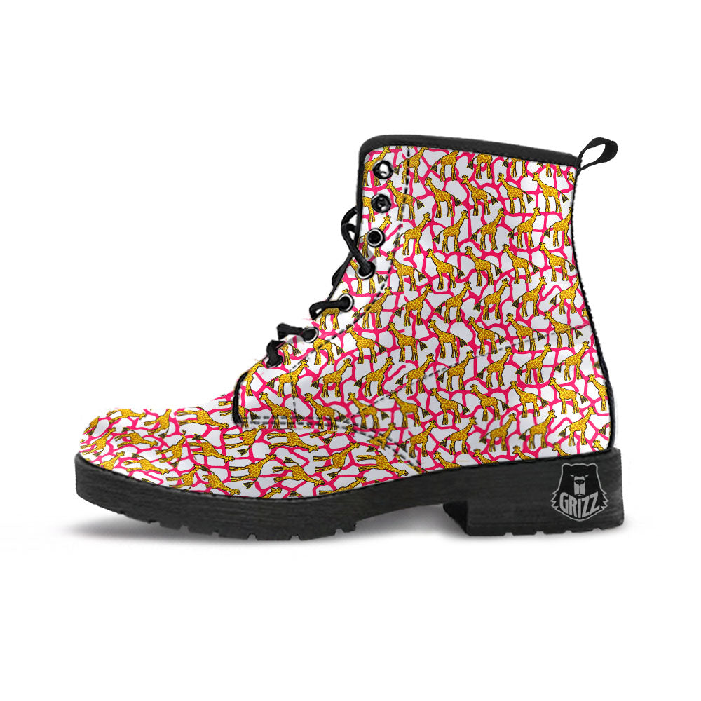 Giraffe Yellow And Pink Print Pattern Leather Boots-grizzshop