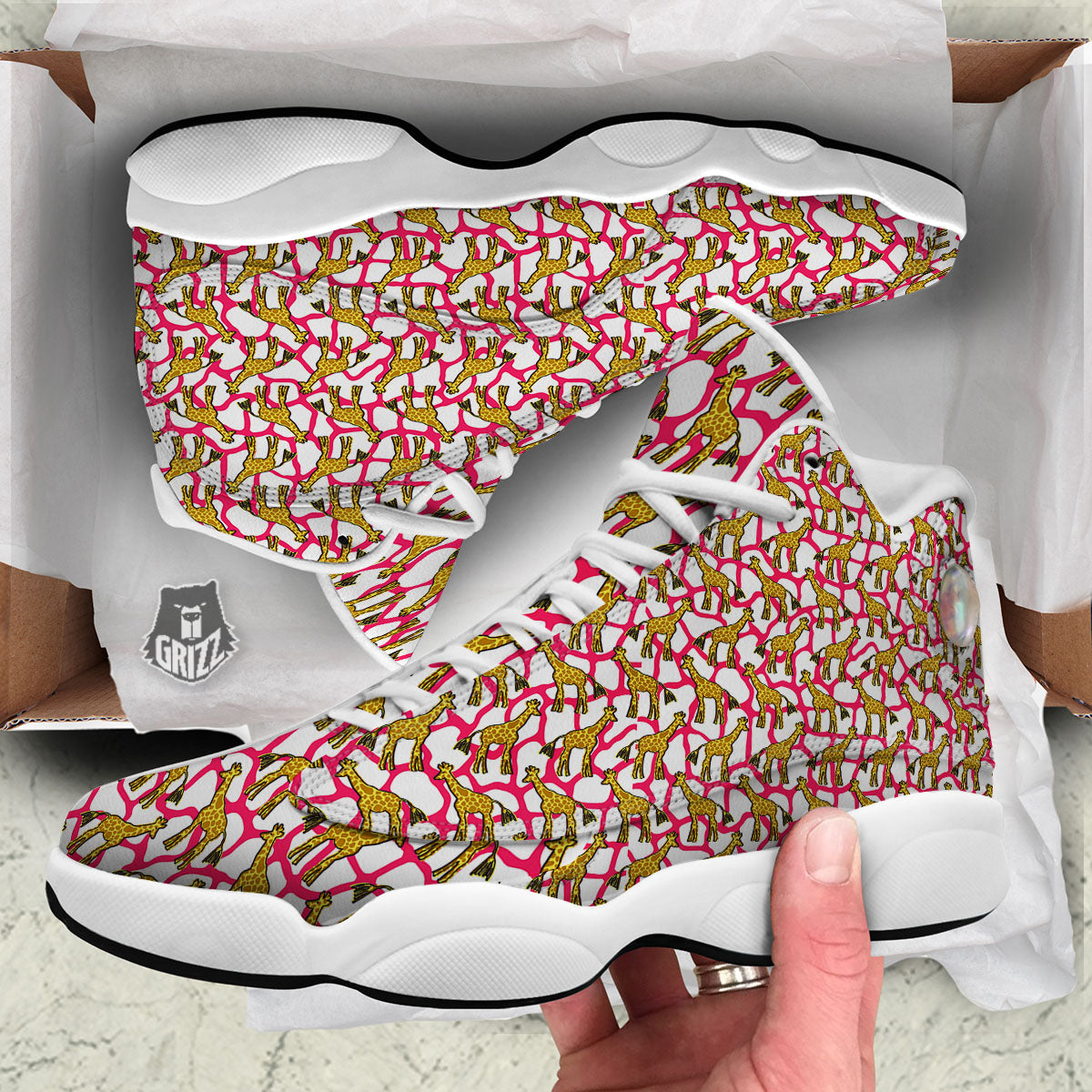 Giraffe Yellow And Pink Print Pattern White Basketball Shoes-grizzshop