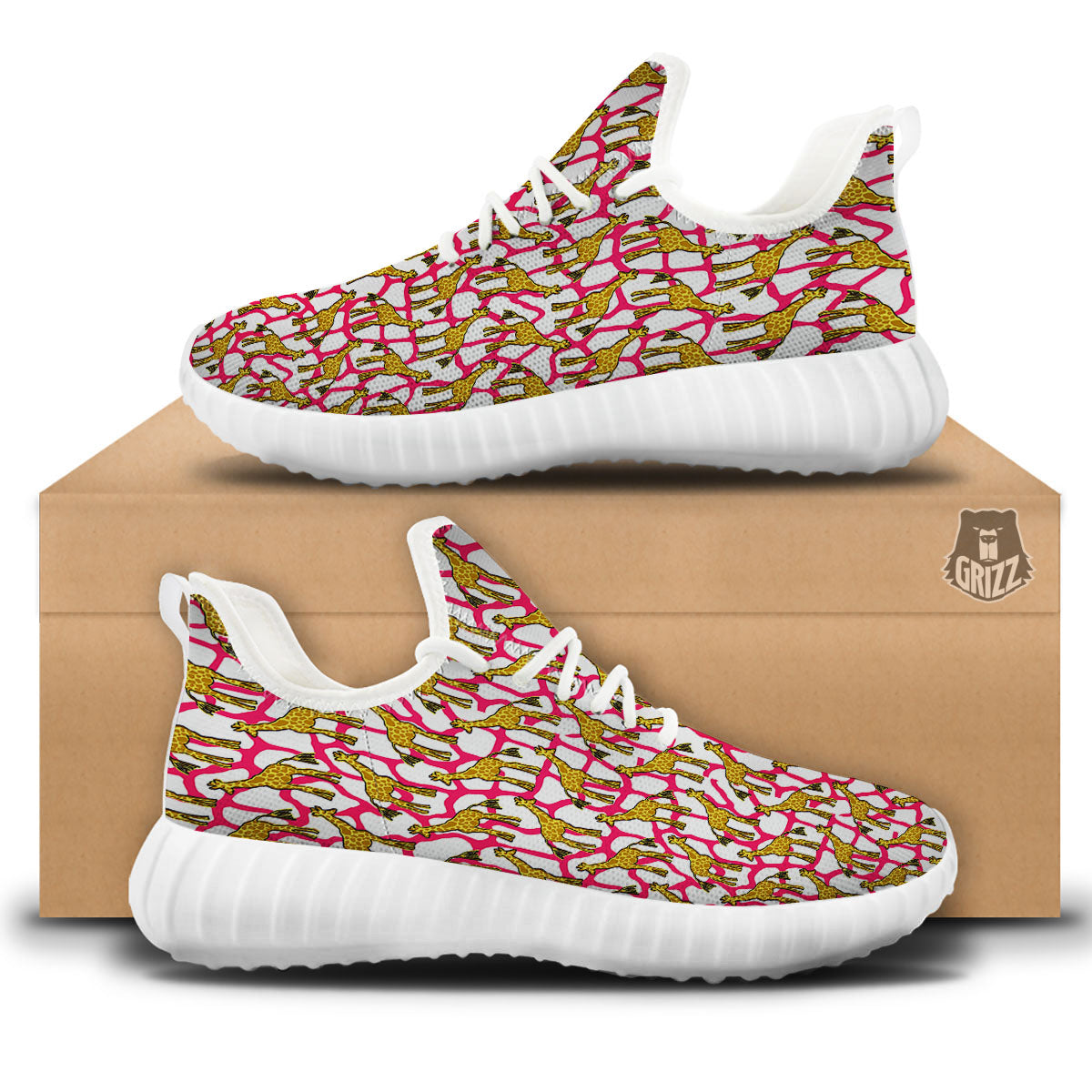 Giraffe Yellow And Pink Print Pattern White Walking Shoes-grizzshop